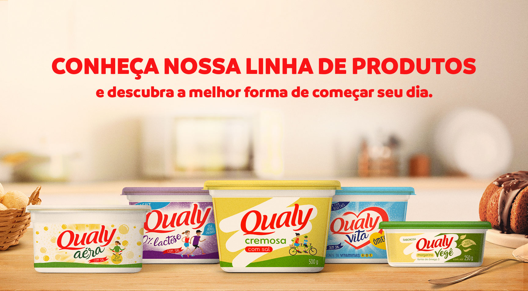 Qualy Aéra, Qualy 0% Lactose, Qualy Cremosa e Qualy Vita em cima da mesa.