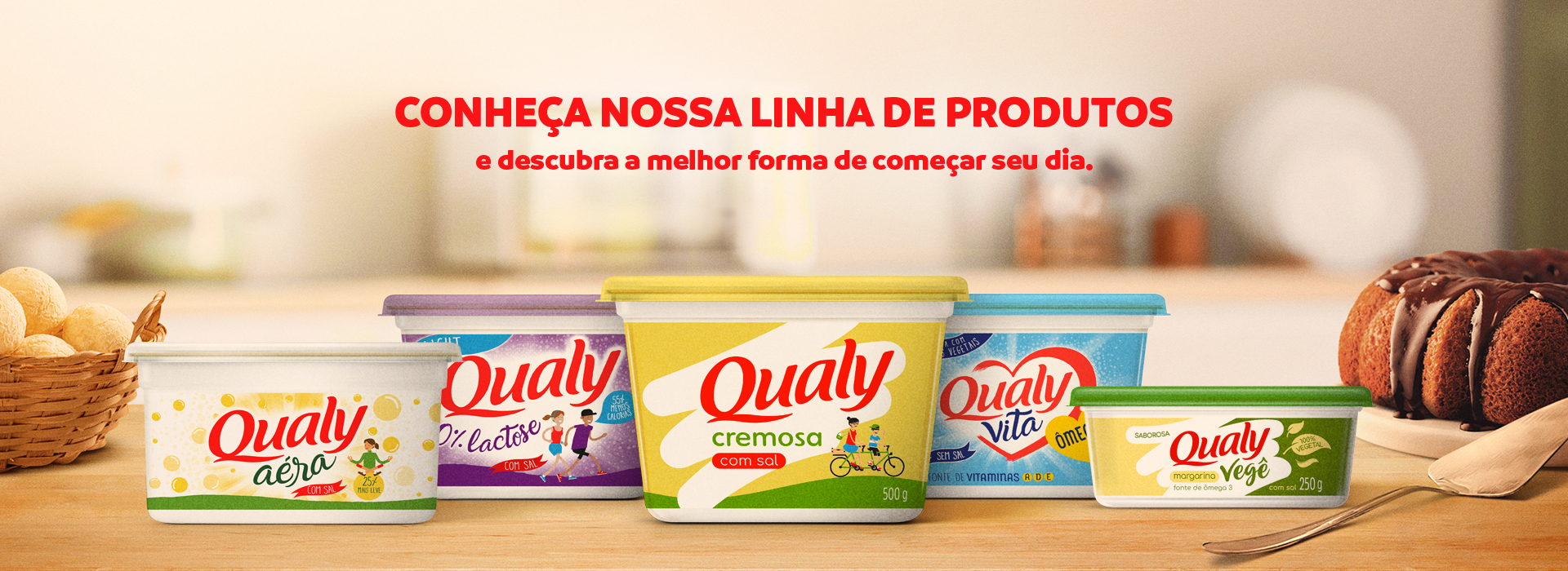 Qualy Aéra, Qualy 0% Lactose, Qualy Cremosa e Qualy Vita em cima da mesa.